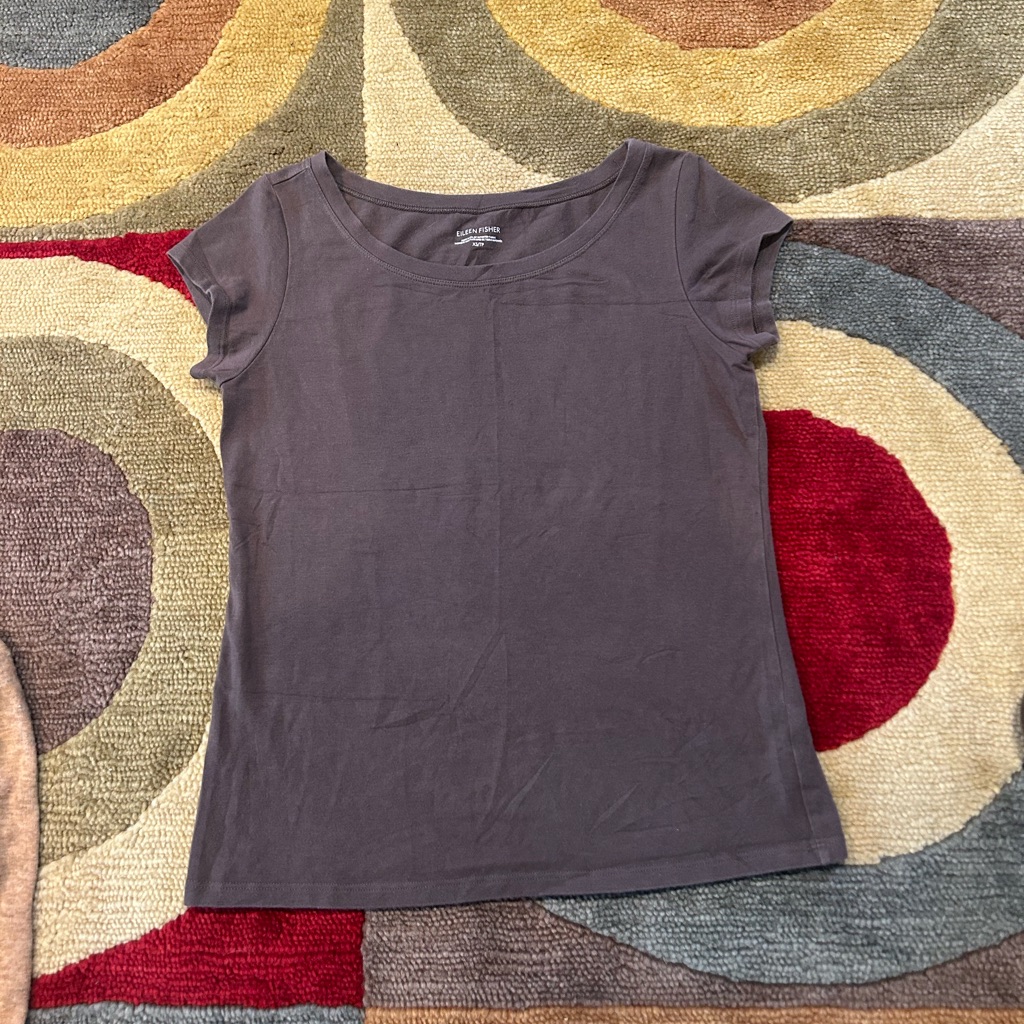 Eileen Fisher Brown 90% Organic Cotton Stretchy Short Sleeve Tee Shirt Top Xs